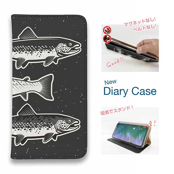 【ブラックフライデー 20%OFF】 スマホケース 手帳型 ベルトなし マグネットなし iPhone17 Pro Max iPhone Air iPhone16e Pro Max 16 Plus 15 Pro Max 14 Plus Xperia 10 VII Galaxy AQUOS Pixel10 Pro XL 釣り 魚 ルアー シンプルなトラウト三兄弟