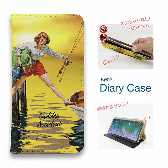 【ブラックフライデー 20%OFF】 スマホケース 手帳型 ベルトなし マグネットなし iPhone17 Pro Max iPhone Air iPhone16e Pro Max 16 Plus 15 Pro Max 14 Plus Xperia 10 VII Galaxy AQUOS Pixel10 Pro XL 釣り 魚 ルアー 思わぬ出来事 ボートに乗り込む時