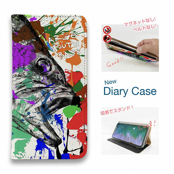 【ブラックフライデー 20%OFF】 スマホケース 手帳型 ベルトなし マグネットなし iPhone17 Pro Max iPhone Air iPhone16e Pro Max 16 Plus 15 Pro Max 14 Plus Xperia 10 VII Galaxy AQUOS Pixel10 Pro XL 釣り 魚 ルアー ブラックバス2 ペンキペイント