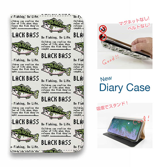 【ブラックフライデー 20%OFF】 スマホケース 手帳型 ベルトなし iPhone17 Pro Max iPhone Air iPhone16e Pro Max 16 Plus 15 Pro Max 14 Plus Xperia 10 VII Galaxy AQUOS Pixel10 Pro XL 釣り 魚 ルアー 釣りざんまい ドット絵のブラックバス_英字新聞風 ホワイト