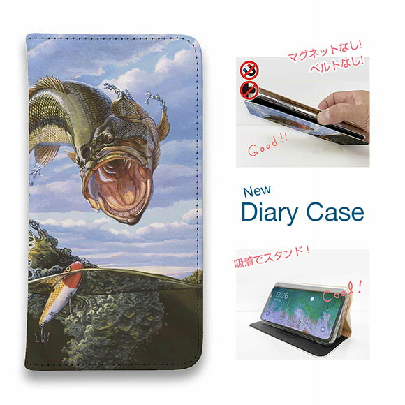 【ブラックフライデー 20%OFF】 スマホケース 手帳型 ベルトなし iPhone17 Pro Max iPhone Air iPhone16e Pro Max 16 Plus 15 Pro Max 14 Plus Xperia 10 VII Galaxy AQUOS Pixel10 Pro XL 釣り 魚 ルアー 八百板浩司 Bass & Pencil 水面を割ってルアーに飛びつくバス