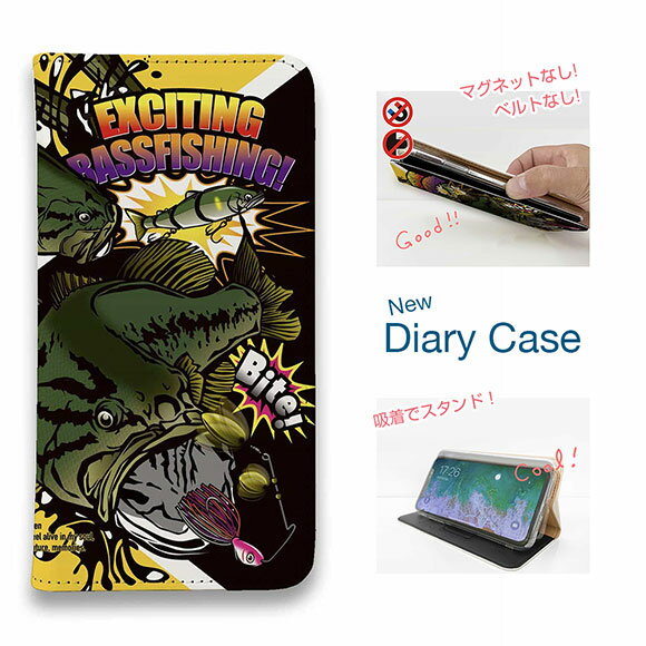 【ブラックフライデー 20%OFF】 スマホケース 手帳型 ベルトなし iPhone17 Pro Max iPhone Air iPhone16e Pro Max 16 Plus 15 Pro Max 14 Plus Xperia 10 VII Galaxy AQUOS Pixel10 Pro XL 釣り 魚 ルアー FISH MAN エキサイティングバスフィッシング イエロー