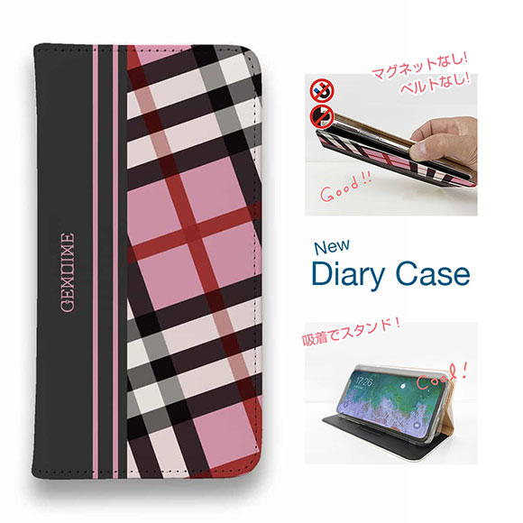 【ブラックフライデー 20%OFF】 スマホケース 手帳型 ベルトなし マグネットなし iPhone17 Pro Max iPhone Air iPhone16e Pro Max 16 Plus 15 Pro Max 14 Plus Xperia 10 VII Galaxy AQUOS Pixel10 Pro XL Genuine チェック柄 ピンク＆グレー
