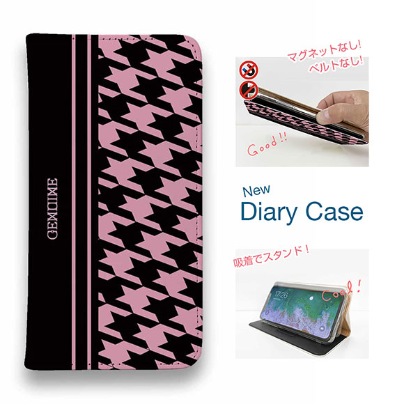 【ブラックフライデー 20%OFF】 スマホケース 手帳型 ベルトなし iPhone17 Pro Max iPhone Air iPhone16e Pro Max 16 Plus 15 Pro Max 14 Plus Xperia 10 VII Galaxy AQUOS Pixel10 Pro XL ROMI HIME 千鳥柄 ブラック＆ピンク