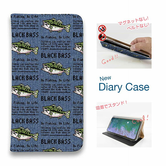 樂天商城 - スマホケース 手帳型 ベルトなし iPhone17 Pro Max iPhone Air iPhone16e Pro Max 16 Plus 15 Pro Max 14 Plus Xperia 10 VII Galaxy AQUOS Pixel10 Pro XL 釣り 魚 ルアー 釣りざんまい ドット絵のブラックバス_英字新聞風デニム