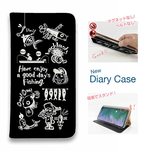 樂天商城 - スマホケース 手帳型 ベルトなし iPhone17 Pro Max iPhone Air iPhone16e Pro Max 16 Plus 15 Pro Max 14 Plus Xperia 10 VII Galaxy AQUOS Pixel10 Pro XL 釣り 魚 ルアー 釣りざんまい 魚釣りに出かけよう!_ブラック