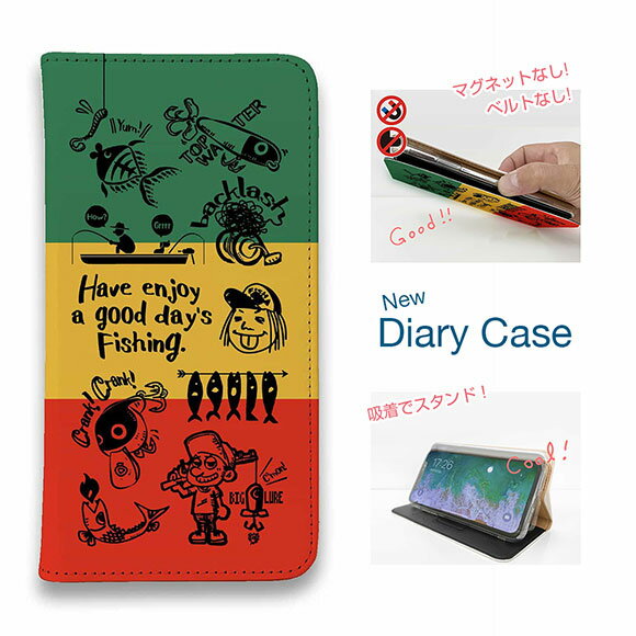 樂天商城 - スマホケース 手帳型 ベルトなし iPhone17 Pro Max iPhone Air iPhone16e Pro Max 16 Plus 15 Pro Max 14 Plus Xperia 10 VII Galaxy AQUOS Pixel10 Pro XL 釣り 魚 ルアー 釣りざんまい 魚釣りに出かけよう! ラスタカラー