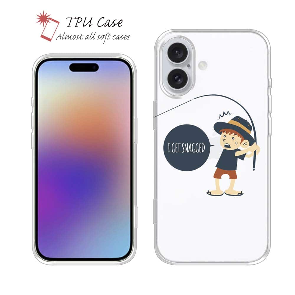 ソフトケース iPhone17 Pro Max iPhone Air クリアケース iPhone16e Pro Max iPhone15 Pro Max iPhone14 Plus iPhone13 mini Xperia 10 VII Galaxy AQUOS sense arrows Pixel10 Pro XL 釣り 魚 ルアー 透明 釣りざんまい 根掛かりしちゃった少年_ホワイト