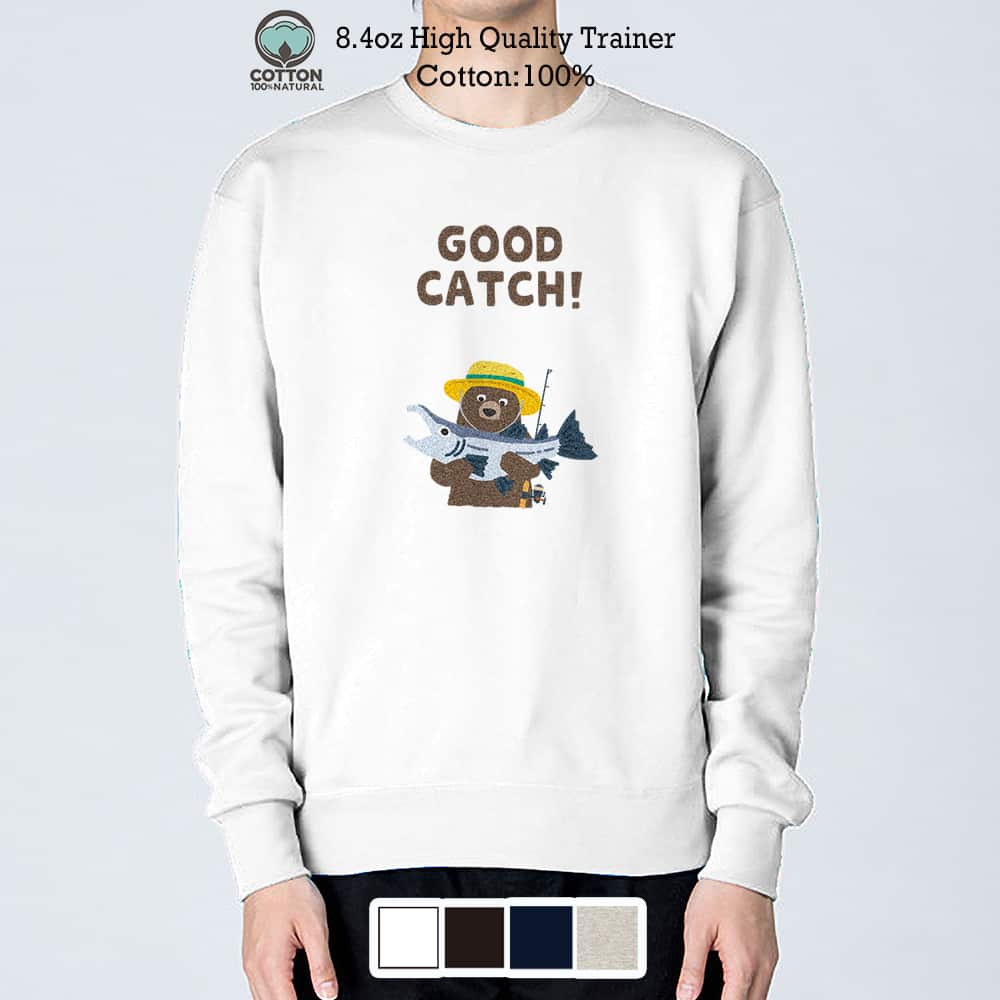 トレーナー 長袖 釣りざんまい サケを釣るクマさん 8.4oz (オンス) 綿100% メンズ レディース 洗濯 大きいサイズ 白 黒 紺色 春 秋 冬 釣り 魚 ルアー