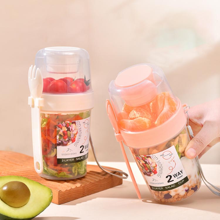 【最大5倍＋100円OFF】サラダ容器 800ml 蓋付き 手提げ フォーク付き 再利用可能 フードボウル ランチボックス 漏れ防止 二層 大容量弁当箱 サラダカップ 2段 蓋付き 大容量 子供用 大人用 漏れ防止 anhelopro-10003623 Anhelo サンプル画像3