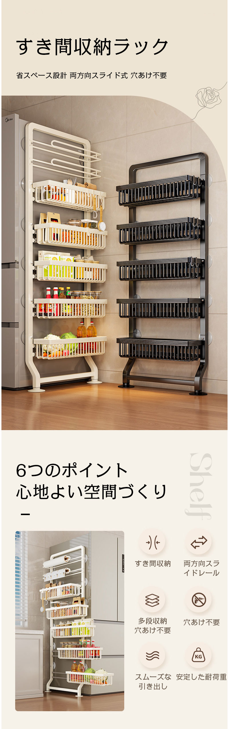 すき間収納 キッチンラック 超スリムタイプ 収納ラック すき間収納ラック 冷蔵庫サイド収納 キッチンラック トイレ?洗面所?ドア裏用 穴あけ不要 省スペース 壁付け 極薄 壁際スパイスラック anhelopro-10005678 Anhelo サンプル画像2