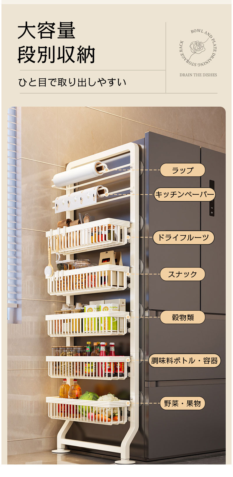 すき間収納 キッチンラック 超スリムタイプ 収納ラック すき間収納ラック 冷蔵庫サイド収納 キッチンラック トイレ?洗面所?ドア裏用 穴あけ不要 省スペース 壁付け 極薄 壁際スパイスラック anhelopro-10005678 Anhelo サンプル画像3