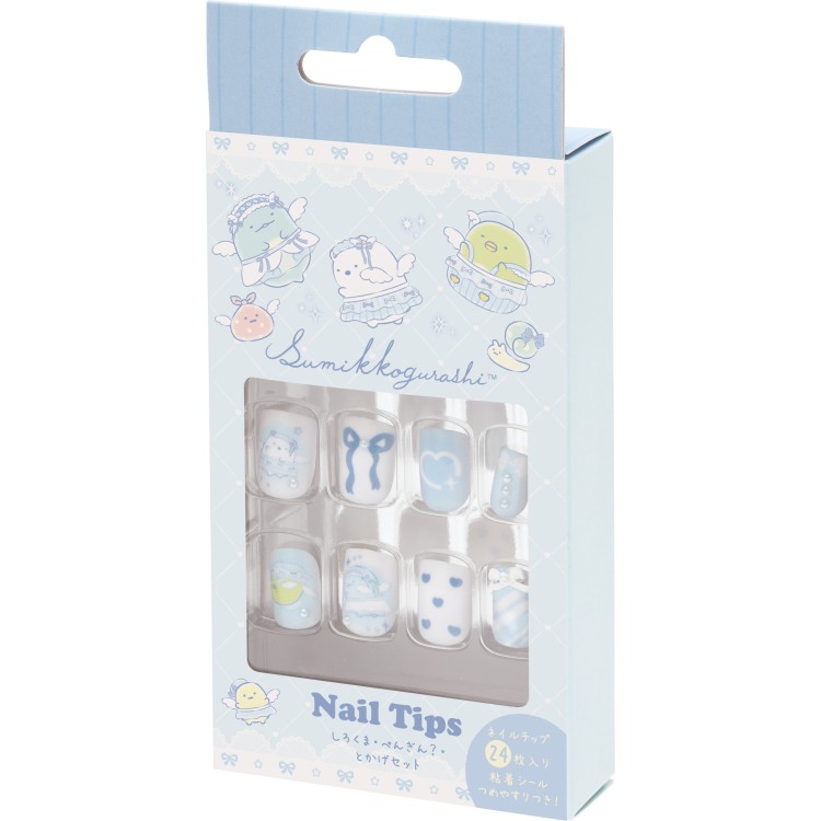 【12月中旬以降～出荷】 すみっコぐらし ネイルチップ しろくま・ぺんぎん?・とかげ ブルー系 リボン付 チェック柄 天使 付け爪