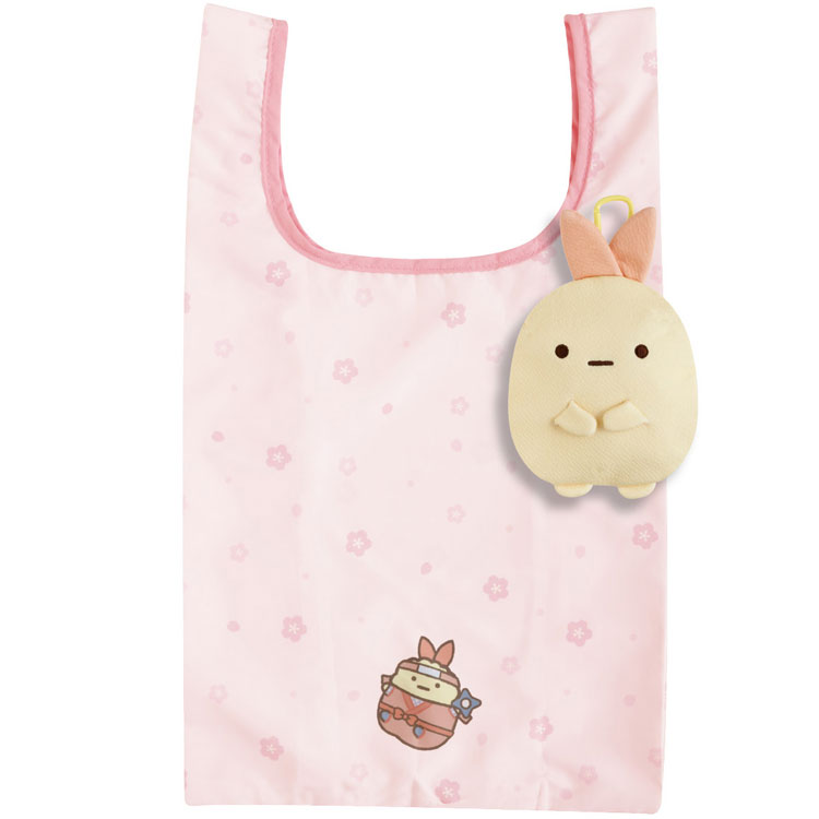 すみっコぐらし ポーチ付ショッピングバッグ えびふらいのしっぽ 忍者 ピンク 桜柄 エコバッグ カラビナ付ポーチ ぬいぐるみポーチ