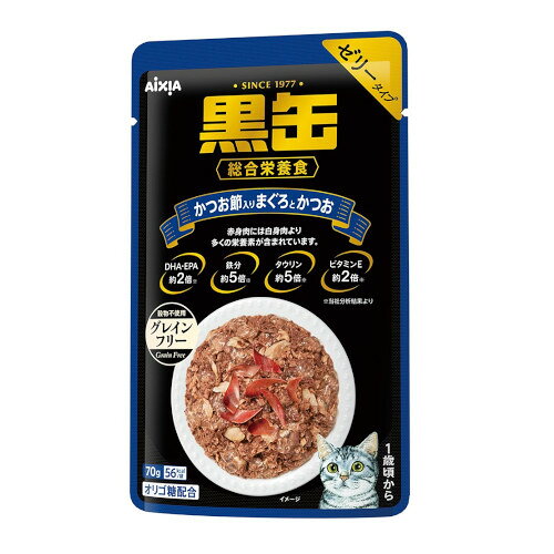 DHA、EPA、鉄分、タウリン、ビタミンEを含むまぐろとかつおの赤身肉ベースの総合栄養食。穀物が苦手な猫にも適したグレインフリー設計。善玉菌を増やし腸内の健康をサポートするオリゴ糖を配合。ゼリータイプ。●原材料：魚介類(マグロ、カツオ、かつお節、フィッシュペプチド)、オリゴ糖、増粘多糖類、ミネラル類(Ca、Mn、Zn)、ビタミン類(A、E、K、B1)●生産国：タイ