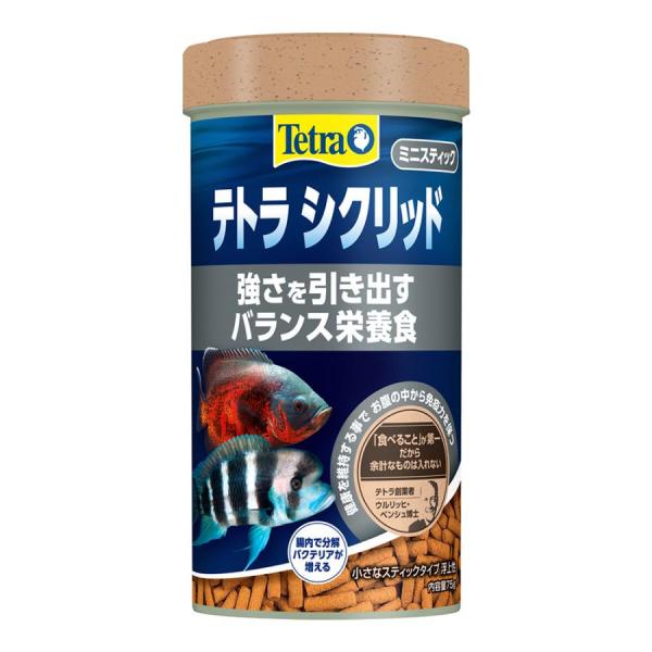 スペクトラムブランズジャパン テトラ シクリッド ミニスティック 75g シクリッドをはじめとする大型魚用に開発されたスティック状飼料です。 魚の腸内に住む善玉菌の増殖を助け、健康維持に役立てます。 各種ビタミンを強化し、免疫力を保ちます。 大型魚の健全な成長に必要な成分をバランスよく配合。消化吸収もされやすいです。 嗜好性が高く大型魚が食べやすい特殊なスティック状。 残餌が少なく水を汚さないのでフィルター能力も維持します。 ---対象--- シクリッドをはじめとする肉食性の中・大型魚 ---原産国--- ドイツ ---原材料--- フィッシュミール、植物性蛋白質、酵母、野菜類、甲殻類、油脂、ミネラル類、ビタミン類、クエン酸 ---成分--- 粗蛋白質：46．0％以上、粗脂肪：8．0％以上、粗繊維：2．0％以下、粗灰分：10．0％以下、水分：8．0％以下 ・リニューアルに伴い、商品パッケージ・内容が変更となっており、画像・内容と異なる場合がございます。 ・ご購入いただいたタイミングにより、お品切れの場合がございます。その場合は別途ご連絡させていただきます。