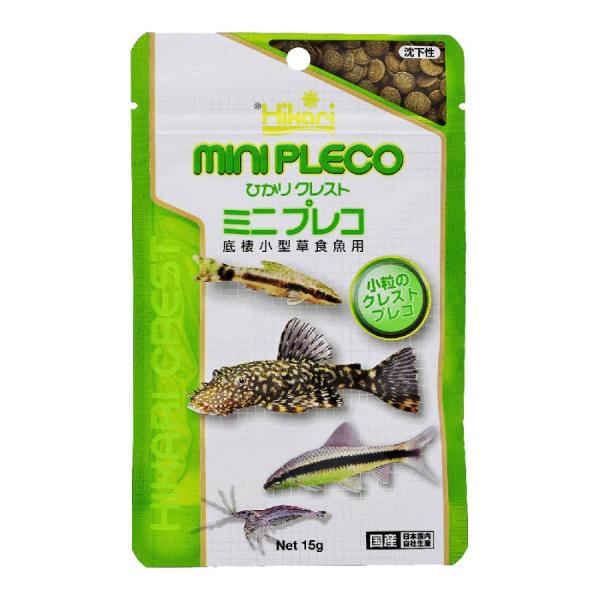 キョーリン ひかり クレスト ミニプレコ 15g プレコ好みの栄養価が高い原料を配合した、食べやすい小型の円盤型フードです。 植物質を主食とするプレコやオトシンクルスのために植物性原料をメインに スピルリナ・クロレラを配合しました。魚たちの寄り付き方が違います。 吸盤状の下向きの口と独特の歯で少しずつ削りながら食べる 小型プレコやオトシンクルスにぴったりの小型の円盤型です。 時間をかけて食べるプレコの習性に合わせて、長時間形がくずれにくく水を汚しにくい粒に仕上げました。 ---対象--- 底棲草食魚（プレコ） ---仕様--- タブレット（円盤型） ---原産国--- 日本 ---成分--- 蛋白質：33．0％以上、脂肪：4．0％以上、粗繊維：3．0％以下、水分：10．0％以下、粗灰分：17．0％以下、りん：0．8％以上 ・リニューアルに伴い、商品パッケージ・内容が変更となっており、画像・内容と異なる場合がございます。 ・ご購入いただいたタイミングにより、お品切れの場合がございます。その場合は別途ご連絡させていただきます。 ---原材料--- フィッシュミール、小麦粉、小麦胚芽、でんぷん類、かしこ、海藻粉末、濃縮アルファルファ、アルファルファミール、ビール酵母、大豆ミール、魚油、オキアミミール、スピルリナ、ガーリック、アミノ酸（メチオニン）、クロレラ、カロチノイド、ビタミン類（塩化コリン、E、C、イノシトール、B5、B2、A、B1、B6、B3，葉酸、D3、ビオチン）、ミネラル類（P、Fe、Mg、Zn、Mn、Cu、I）