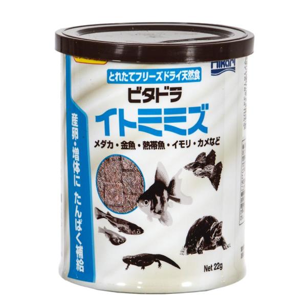 キョーリン ビタドラ イトミミズ 22g ビタミンで栄養強化したフリーズドライ天然飼料 生き物が自然下で餌としているイトミミズをそのまま使用。 嗜好性が高く、栄養バランスにも優れています。 ---対象--- メダカ、金魚、熱帯魚、イモリ、カメ 他 ---原材料--- 糸ミミズ、ビタミンB12、ビタミンB6、安定型ビタミンC、ビタミンB2、ビタミンB1、ビオチン、塩化コリン、葉酸、パントテン酸、イノシトール、ナイアシン ---成分--- 平均分析値：蛋白質60.2％、脂肪6.9％、粗繊維0.2％、水分5.6％、灰分5.8％ ・リニューアルに伴い、商品パッケージ・内容が変更となっており、画像・内容と異なる場合がございます。 ・ご購入いただいたタイミングにより、お品切れの場合がございます。その場合は別途ご連絡させていただきます。