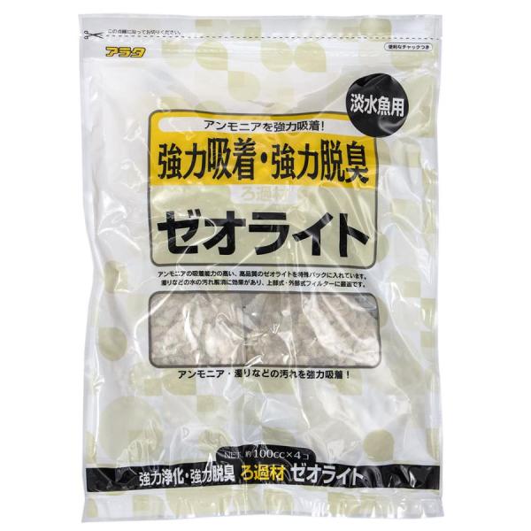 アラタ ろ過材 ゼオライト 約100cc×4個入 上部式・外部式フィルターに最適なゼオライトのろ材です。 アンモニアの吸着能力の高い、高品質のゼオライトをネットに入れています。 魚にとって有害な塩素（カルキ）やアンモニアなどの有害物質をバクテリアの繁殖によって素早く吸収します。 ニオイや水質悪化の原因になるアンモニアを強力に吸着します。 多孔質なのでバクテリアの繁殖に最適です。便利なチャック付き。 ---対象--- 淡水魚 ---原産国--- 日本 ---原材料--- ゼオライト ・リニューアルに伴い、商品パッケージ・内容が変更となっており、画像・内容と異なる場合がございます。 ・ご購入いただいたタイミングにより、お品切れの場合がございます。その場合は別途ご連絡させていただきます。