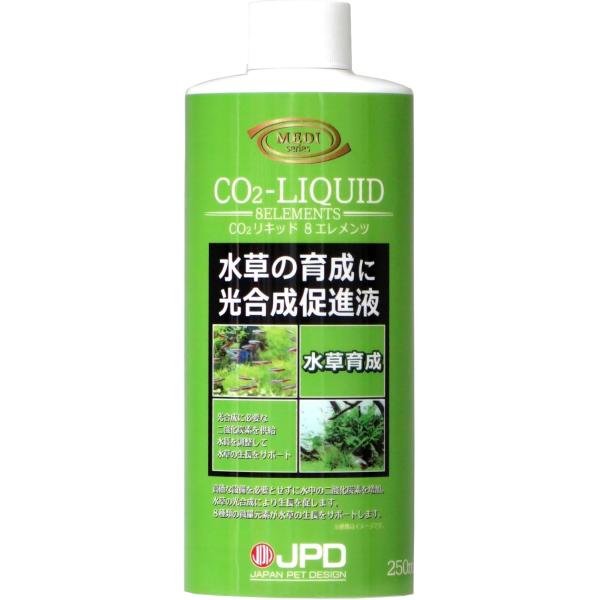 ニチドウ CO2リキッド 8エレメンツ 250ml 水草の生長に必要不可欠な二酸化炭素をつくるコンディショナーです。 8種類の微量元素を含み、健康な水草の育成をサポートします。 二酸化炭素ガス強制添加と異なり、エアレーションをしている水槽でも効果を発揮します。 ---対象--- 水草 ---微量元素--- コバルト、亜鉛、鉄（第1鉄）、マンガン、モリブデン、ニッケル、銅、ホウ酸 ・リニューアルに伴い、商品パッケージ・内容が変更となっており、画像・内容と異なる場合がございます。 ・ご購入いただいたタイミングにより、お品切れの場合がございます。その場合は別途ご連絡させていただきます。