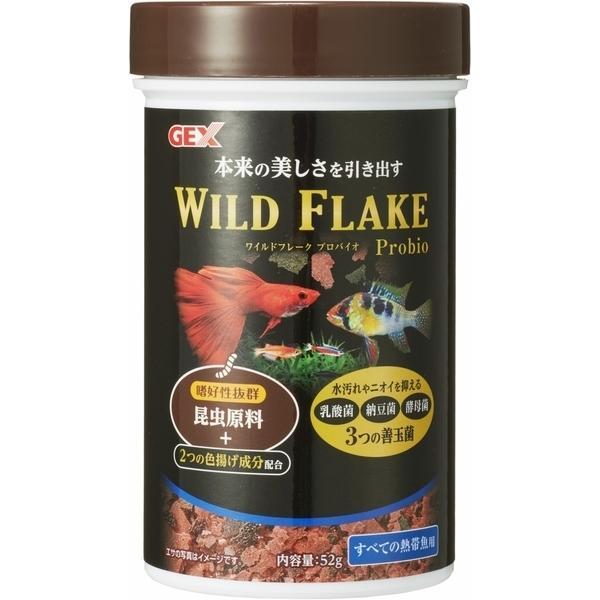 GEX ワイルドフレーク プロバイオ 52g 魚本来の美しさを引き出す嗜好性抜群 昆虫原料+2つの色揚げ成分+3つの善玉菌配合 良質なたんぱく源である昆虫原料を配合。熱帯魚本来の食性に近づけ、嗜好性にもこだわりました。 消化吸収に優れた原材料を使用。熱帯魚の健康に必要な栄養素をバランスよく配合しました。 スピルリナとシュリンプミールに含まれるアスタキサンチンの2つの色揚げ成分配合で、熱帯魚の健康と美しい体色を維持します。 ---対象--- 小型熱帯魚・メダカ ---原材料--- フィッシュミール、小麦粉、シュリンプミール、胚芽、昆虫ミール、ドライイースト、大豆油、生菌剤、スピルリナ、ミネラル類(リン、カルシウム、カリウム、鉄)、ビタミン類(A、B、D3、E)、増粘安定剤(グルテン、加工でん粉)、着色料 ---成分--- たんぱく質45.0%以上、脂質6.0%以上、粗繊維4.0%以下、灰分15.0%以下、水分4.0%以下 ・リニューアルに伴い、商品パッケージ・内容が変更となっており、画像・内容と異なる場合がございます。 ・ご購入いただいたタイミングにより、お品切れの場合がございます。その場合は別途ご連絡させていただきます。