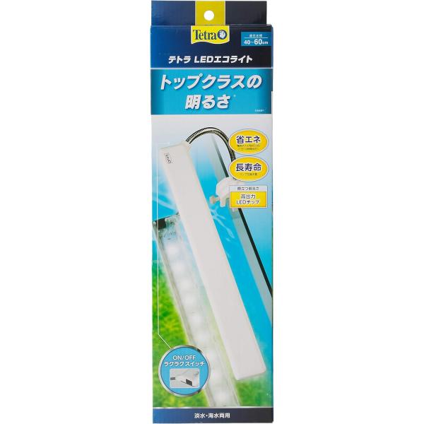スペクトラムブランズジャパン テトラ LEDエコライト 高出力LEDチップ採用でコンパクトながら トップクラスの明るさのLEDライトです。 自由に曲げられるフレキシブルアーム仕様です。 手が届きやすいON／OFFラクラクスイッチがあります。 タイマーによる制御が可能です。 ---対象--- 淡水・海水両用 適合水槽：幅40〜60cmの水槽 取付可能水槽枠：3〜17mmの枠無し、枠付き水槽 ---仕様--- 電源：入力 AC100V（50／60Hz）／出力 DC12V 定格消費電力：5．5W ---材質--- 樹脂／ステンレス（アーム） ---原産国--- 中国 ---サイズ--- ライト部：約幅35×奥行き4×高さ1．6cm ・リニューアルに伴い、商品パッケージ・内容が変更となっており、画像・内容と異なる場合がございます。 ・ご購入いただいたタイミングにより、お品切れの場合がございます。その場合は別途ご連絡させていただきます。