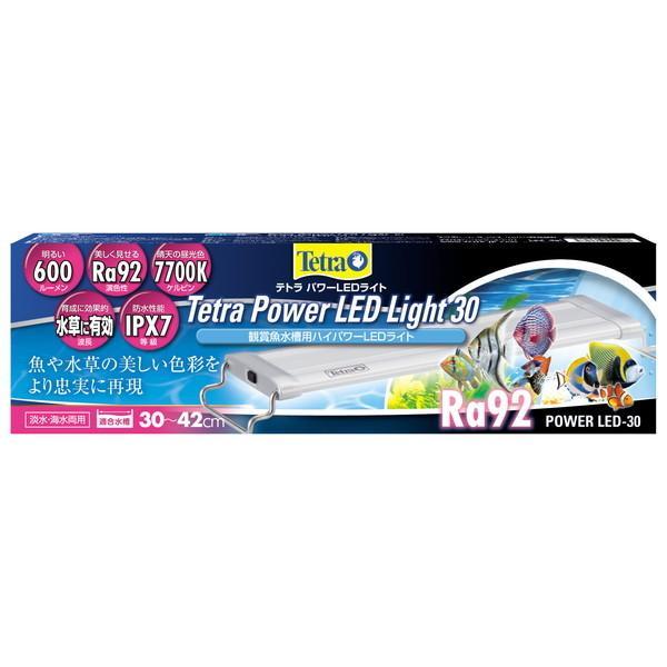 スペクトラムブランズジャパン テトラ パワーLEDライト30 明るさにこだわった600ルーメンのLEDです。 Ra92の高い演色性となっております。 色温度7700K（ケルビン）で魚や水草が美しく見えます。 ---対象--- 淡水、海水両用 適合水槽：30〜42cm ---仕様--- 電源：入力AC100（50／60Hz）／出力DC12V 定格消費電力：8W 照射角度：120° 色温度：7700K 演色性：Ra92 ---サイズ--- 約幅289×奥行86×高さ33mm 電源コード：1.8m（アダプター含む） ・リニューアルに伴い、商品パッケージ・内容が変更となっており、画像・内容と異なる場合がございます。 ・ご購入いただいたタイミングにより、お品切れの場合がございます。その場合は別途ご連絡させていただきます。