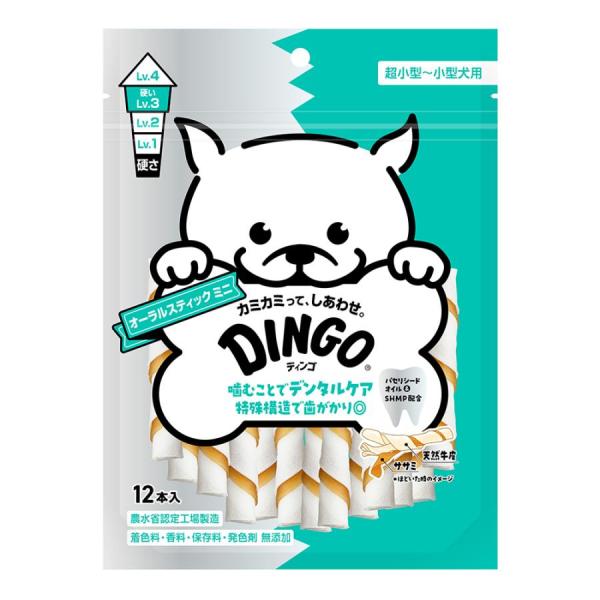 スペクトラムブランズジャパン DINGO オーラルスティック ミニ 12本入 天然牛皮ガム＆ササミのガムです ミネラル成分SHMP・パセリシードオイル配合 天然牛皮は牛皮の強力な繊維がそのまま残っているから長持ちで さらに噛んでいるうちに口の中の水分で柔らかくなっていくから硬すぎない硬さになります よく噛むことで、愛犬のストレス発散や、歯垢の除去に役立ちます 着色料香料発色剤不使用です。硬さレベル：3（硬い） ---対象--- 超小型犬〜小型犬 ---原産国--- 中国 ---原材料--- 牛皮、鶏ササミ、ゼラチン、コーンスターチ、大豆たんぱく質、米粉、オリゴ糖、パセリシードオイル、増粘安定剤（グリセリン）、ミネラル類（ヘキサメタリン酸ナトリウム）、ビタミン類（ビタミンE） ---成分--- 粗タンパク質65％以上、粗脂肪0.05％以上、粗繊維3％以下、粗灰分3.5％以下、水分16％以下 カロリー：304kcal／100g ・リニューアルに伴い、商品パッケージ・内容が変更となっており、画像・内容と異なる場合がございます。 ・ご購入いただいたタイミングにより、お品切れの場合がございます。その場合は別途ご連絡させていただきます。