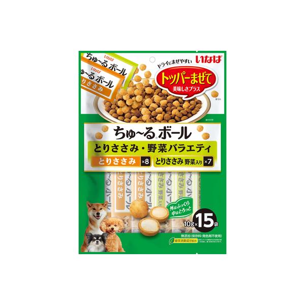 いなばペットフード ちゅ〜るボール とりささみ・野菜バラエティ 10g×15袋入 ひと粒で楽しめる2層のおいしさの秘密。外はふっくら、中はとろっと。 ささみで作ったやわらか食感。わんちゃんの食べやすい大きさにしました。 わんちゃんが食べやすい、滑らかな独自のちゅ〜るタイプ。クリーミーな食感でとろけるおいしさ。 おやつとしてそのまま与えても、ドライフードに混ぜてトッピングとしてもお使いいただけます。 いつものごはんに混ぜていただくことで美味しさをプラス! ---原産国--- 中国（自社工場） ---成分--- 粗タンパク質：20．0％以上、粗脂肪：3．5％以上、粗繊維：0．3％以下、粗灰分：2．0％以下、水分：72．0％以下 ・リニューアルに伴い、商品パッケージ・内容が変更となっており、画像・内容と異なる場合がございます。 ・ご購入いただいたタイミングにより、お品切れの場合がございます。その場合は別途ご連絡させていただきます。 ---原材料--- ＜とりささみ＞ 鶏肉(ささみ)、鶏脂、でん粉、卵白粉末、かつお節、チキンエキス、酵母エキス、寒天、カゼインナトリウム、増粘多糖類、ビタミンE、緑茶エキス、紅麹色素 ＜とりささみ 野菜入り＞ 鶏肉(ささみ)、鶏脂、野菜(人参、かぼちゃ、グリンピース)、でん粉、卵白粉末、かつお節、チキンエキス、酵母エキス、寒天、カゼインナトリウム、増粘多糖類、ビタミンE、緑茶エキス、紅麹色素