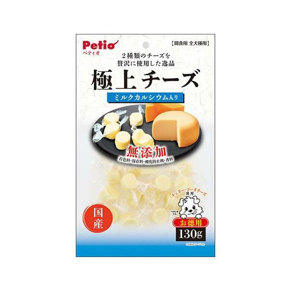 ペティオ 極上チーズ ミルクカルシウム入り 130g チェダー・ゴーダの2種類のチーズを贅沢に使用しました。 ミルクカルシウム入り。着色料・保存料・酸化防止剤・香料 無添加。 ---原産国--- 日本 ---原材料--- ナチュラルチーズ(チェダー、ゴーダ他)、ミルクカルシウム、寒天、乳化剤、加工でんぷん、pH調整剤、増粘多糖類 ---成分--- たん白質16.0％以上、脂質19.0％以上、粗繊維0.5％以下、灰分7.0％以下、水分48.0％以下 エネルギー323Kcal/100g ・リニューアルに伴い、商品パッケージ・内容が変更となっており、画像・内容と異なる場合がございます。 ・ご購入いただいたタイミングにより、お品切れの場合がございます。その場合は別途ご連絡させていただきます。