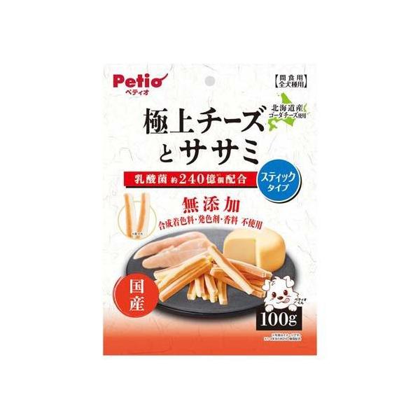 ペティオ 極上チーズとササミ スティックタイプ 100g 北海道産ゴーダチーズ入りのチーズ層と鶏ササミ入りのササミ層の2層仕立て。 乳酸菌KH-2株約240億個配合(3本当り)。 合成着色料・発色剤・香料不使用。 --原産国-- 日本 --原材料-- 肉類(鶏・鶏ササミ)、卵類、チーズ、小麦粉、パン粉、乳製品、食塩、チーズ加工品、酵母エキス、難消化性デキストリン(水溶性食物繊維)、オリゴ糖、乳酸菌(KH-2株(熱処理済))、加工でんぷん、グリセリン、プロピレングリコール、炭酸Ca、pH調整剤、カゼインNa、リン酸塩(Na)、着色料(ベニコウジ色素) --成分-- たん白質：11.0％以上、脂質：6.5％以上、粗繊維：1.0％以下、灰分：6.0％以下、水分：33.0％以下 エネルギー307Kcal／100g ・リニューアルに伴い、商品パッケージ・内容が変更となる場合があり、画像・内容と異なる場合がございます。 ・ご購入のタイミングにより、品切れとなる場合がございます。その際は別途ご連絡させていただきます。