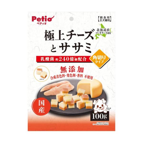 ペティオ 極上チーズとササミ 角切りタイプ 100g 北海道産ゴーダチーズ入りのチーズ層と 旨みあふれる鶏ササミ入りのササミ層で2つの味わいを しっとり蒸しあげて美味しさを閉じ込めました。 乳酸菌KH-2株配合でお腹の健康維持 しつけやごほうびにも与えやすい角切りタイプ 合成着色料、発色剤、香料 不使用 --原産国-- 日本 --原材料-- 肉類(鶏・鶏ササミ)、卵類、チーズ、小麦粉、パン粉、乳製品、食塩、チーズ加工品、酵母エキス、難消化性デキストリン(水溶性食物繊維)、オリゴ糖、乳酸菌(KH-2株(熱処理済))、加工でんぷん、グリセリン、プロピレングリコール、炭酸Ca、pH調整剤、カゼインNa、リン酸塩(Na)、着色料(ベニコウジ色素) --成分-- たん白質11.0％以上、脂質6.5％以上、粗繊維1.0％以下、灰分6.0％以下、水分33.0％以下 エネルギー 307kcal/100g ・リニューアルに伴い、商品パッケージ・内容が変更となる場合があり、画像・内容と異なる場合がございます。 ・ご購入のタイミングにより、品切れとなる場合がございます。その際は別途ご連絡させていただきます。