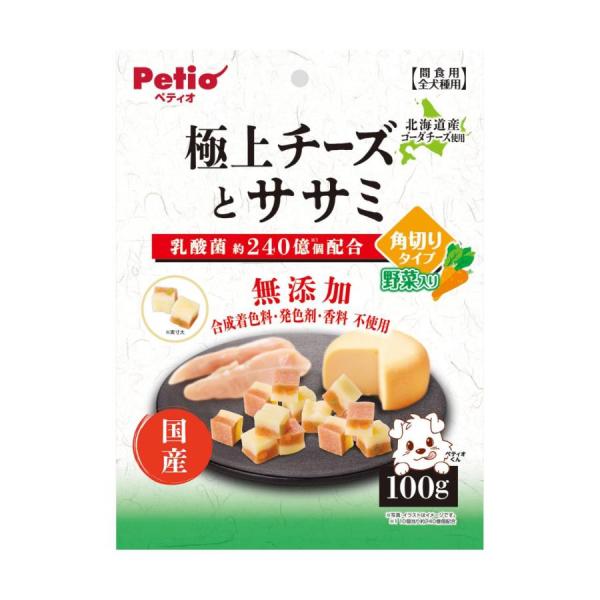 ペティオ 極上チーズとササミ 角切りタイプ 野菜入り 100g 北海道産ゴーダチーズ入りのチーズ層と 旨みあふれる鶏ササミ入りのササミ層で 2つの味わいをしっとり蒸しあげて美味しさを閉じ込めました。 乳酸菌KH-2株配合でお腹の健康維持 しつけやごほうびにも与えやすい角切りタイプ 合成着色料、発色剤、香料 不使用 --原産国-- 日本 --原材料-- 肉類(鶏・鶏ササミ)、卵類、チーズ、小麦粉、パン粉、乳製品、米粉、食塩、チーズ加工品、酵母エキス、難消化性デキストリン(水溶性食物繊維)、オリゴ糖、乳酸菌(KH-2株(熱処理済))、ほうれん草、にんじん、加工でんぷん、グリセリン、プロピレングリコール、炭酸Ca、pH調整剤、カゼインNa、リン酸塩(Na)、着色料(ベニコウジ色素・クチナシ) --成分-- たん白質11.0％以上、脂質6.5％以上、粗繊維1.0％以下、灰分6.0％以下、水分33.0％以下 エネルギー 307kcal/100g ・リニューアルに伴い、商品パッケージ・内容が変更となる場合があり、画像・内容と異なる場合がございます。 ・ご購入のタイミングにより、品切れとなる場合がございます。その際は別途ご連絡させていただきます。