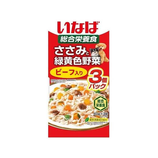 いなばペットフード ささみと緑黄色野菜 ビーフ入り 60g×3袋 低脂肪のささみベースのレトルトパウチ。3個パック入り。 ---原産国--- 中国 ---原材料--- 鶏肉（ささみ）、野菜（人参、かぼちゃ、グリンピース）、牛肉、大豆油、でん粉、寒天、ミネラル類（Ca、Fe、Cu、Mn、Zn、I、K、Mg、Se）、増粘多糖類、ビタミン類、紅麹色素、緑茶エキス ---成分--- たんぱく質7.0％以上、脂質1.3％以上、粗繊維0.4％以下、灰分1.8％以下、水分89.5％以下 ・リニューアルに伴い、商品パッケージ・内容が変更となっており、画像・内容と異なる場合がございます。 ・ご購入いただいたタイミングにより、お品切れの場合がございます。その場合は別途ご連絡させていただきます。