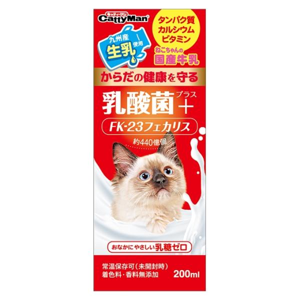 ドギーマン キャティーマン ねこちゃんの国産牛乳 乳酸菌プラス 200ml ※個数制限がございます、ご了承下さい。 健康的な腸内環境や免疫力の維持をサポートすることで注目されている、 乳酸菌「エンテロコッカス・フェカリスFK−23」を配合。 おいしく味わいながら、健康維持に役立ちます。 ---原産国--- 日本 ---原材料--- 生乳、乳酸菌、タウリン、乳糖分解酵素、酸化防止剤（亜硫酸塩）、セルロース（食物繊維） ---成分--- 粗たんぱく質2.7％以上,粗脂肪3.0％以上,粗繊維1.0％以下,粗灰分2.0％以下,水分92.0％以下 エネルギー60kcal/100g ・リニューアルに伴い、商品パッケージ・内容が変更となっており、画像・内容と異なる場合がございます。 ・ご購入いただいたタイミングにより、お品切れの場合がございます。その場合は別途ご連絡させていただきます。