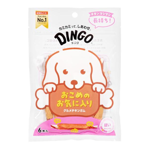 スペクトラムブランズジャパン DINGO グルメチキンガム 6本入 長持ちタイプ！長く噛むことで歯の汚れを落とします。 上質なチキンの正肉と噛み応え抜群の牛皮、コラーゲンが豊富な豚皮を使用しています。 農林水産省認定工場で製造しています。 ---対象--- 小型犬〜大型犬 ---原産国--- 中国 ---原材料--- 牛皮、鶏肉、豚皮、小麦粉、増粘安定剤（グリセリン）、塩化Na、着色料（黄5号、青1号、赤40号） ---成分--- 粗タンパク質：50．0％以上、粗脂肪：0．5％以上、粗繊維：3．5％以下、粗灰分：2．3％以下、水分：18．0％以下 ・リニューアルに伴い、商品パッケージ・内容が変更となっており、画像・内容と異なる場合がございます。 ・ご購入いただいたタイミングにより、お品切れの場合がございます。その場合は別途ご連絡させていただきます。