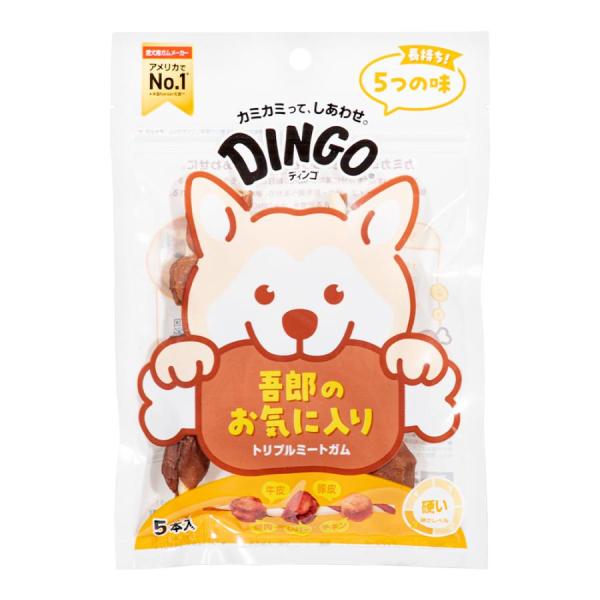スペクトラムブランズジャパン DINGO トリプルミートガム 5本入 長持ちタイプ！長く噛むことで歯の汚れを落とします。 1本で3種類のお肉、2種類のガムが楽しめます。 農林水産省認定工場で製造しています。 ---対象--- 小型犬〜大型犬 ---原産国--- 中国 ---原材料--- 牛皮、鶏肉、豚皮、鴨肉、小麦粉、鶏レバー、増粘安定剤（グリセリン）、着色料（黄5号、青1号、赤40号） ---成分--- 粗タンパク質：55．0％以上、粗脂肪：0．5％以上、粗繊維：3．0％以下、粗灰分：3．5％以下、水分：18．0％以下 ・リニューアルに伴い、商品パッケージ・内容が変更となっており、画像・内容と異なる場合がございます。 ・ご購入いただいたタイミングにより、お品切れの場合がございます。その場合は別途ご連絡させていただきます。