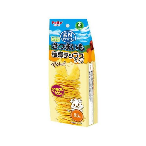 ペティオ 素材そのまま さつまいも パリッと 極薄チップスタイプ 85g 食物センイやビタミンC・Eを含むさつまいもを蒸してから乾燥しているので、 糖度がUPし甘みが濃縮されています。パリッと割って与えやすいチップスタイプ。 着色料・香料無添加。 ---原産国--- 中国 ---原材料--- さつまいも ---成分--- たん白質：2.0％以上、脂質：0.1％以上、粗繊維：3.0％以下、灰分：3.0％以下、水分：10.0％以下 ・リニューアルに伴い、商品パッケージ・内容が変更となっており、画像・内容と異なる場合がございます。 ・ご購入いただいたタイミングにより、お品切れの場合がございます。その場合は別途ご連絡させていただきます。