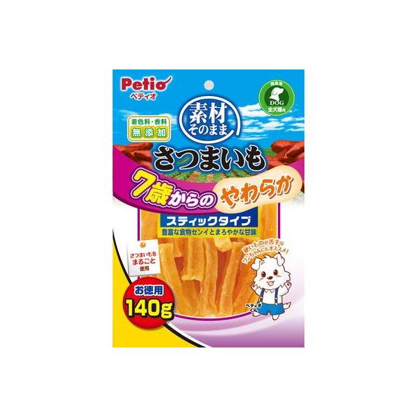 ペティオ 素材そのまま さつまいも 7歳からのやわらかスティックタイプ 140g 素材そのまま。自然の甘みが美味しいサツマイモのおやつです。 蒸してから乾燥しているので、糖度がUPし甘味が濃縮されています。 お腹の健康にいい「食物センイ」や健康維持に必要な「ビタミンC・E」を豊富に含んでいます。 シニア犬にうれしいやわらか仕上げ 硬いものが苦手なワンちゃんにも食べやすいやわらか仕上げ そのまま食べて食べごたえ満足！好みのサイズにも切って与えやすい 着色料・香料は使用しておりません。 ---原産国--- 中国 ---原材料--- さつまいも、グリセリン、保存料(ソルビン酸K) ---成分--- たん白質1.0％以上、脂質0.1％以上、粗繊維2.0％以下、灰分3.0％以下、水分28.0％以下 ・リニューアルに伴い、商品パッケージ・内容が変更となっており、画像・内容と異なる場合がございます。 ・ご購入いただいたタイミングにより、お品切れの場合がございます。その場合は別途ご連絡させていただきます。