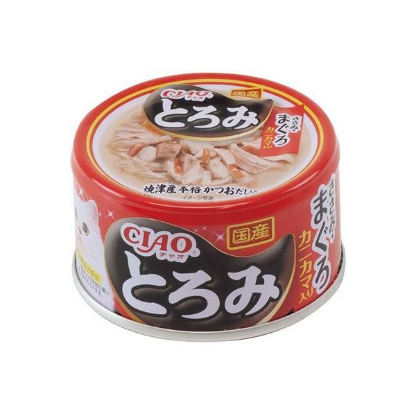 いなばペットフード CIAO缶 とろみ ささみ・まぐろ カニカマ入り 80g ささみとまぐろをおいしく組み合わせ、 猫ちゃんの喜ぶカニカマをトッピング。 焼津産本格かつおだしで仕上げました。 ---原産国--- 日本 ---原材料--- 鶏肉（ささみ）、まぐろ、かに風味かまぼこ、かつお節エキス、糖類（オリゴ糖等）、植物性油脂、増粘剤（加工でん粉）、ミネラル類、調味料（アミノ酸等）、増粘多糖類、ビタミンE、紅麹色素、緑茶エキス、カロテノイド色素 ---成分--- 粗たん白質6.5%以上、粗脂肪0.2%以上、粗繊維0.1%以下、粗灰分1.0%以下、水分92.0%以下、約30kcal/缶 ・リニューアルに伴い、商品パッケージ・内容が変更となっており、画像・内容と異なる場合がございます。 ・ご購入いただいたタイミングにより、お品切れの場合がございます。その場合は別途ご連絡させていただきます。
