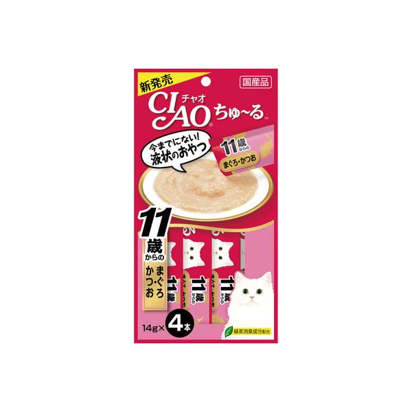 いなばペットフード CIAO ちゅ〜る 11歳からのまぐろ・かつお 14g×4本 今までに無い液状のおやつ！ コラーゲンを加え、高齢猫の健康に配慮しました。 ---原産国--- 日本 ---原材料--- まぐろ、かつお、まぐろエキス、タンパク加水分解物、コラーゲンペプチド、糖類（オリゴ糖等）、ミネラル類、増粘多糖類、調味料（アミノ酸等）、ビタミンE、緑茶エキス、紅麹色素 ---成分--- 粗たん白質7.0％以上、粗脂肪0.2％以上、粗繊維0.1％以下、粗灰分1.5％以下、水分91.0％以下 エネルギー約7Kcal/本 ・リニューアルに伴い、商品パッケージ・内容が変更となっており、画像・内容と異なる場合がございます。 ・ご購入いただいたタイミングにより、お品切れの場合がございます。その場合は別途ご連絡させていただきます。