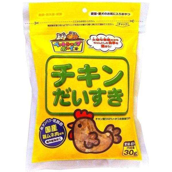 マルトモ チキンだいすき 30g チキン削りとかつお節削りの栄養が一度にとれる、 高タンパクで低脂肪のおやつですので安心してお与えいただけます。 薄くスライスしていますので食べやすく、おやつに最適です。 ドライタイプ・ウェットタイプのペットフード等へのふりかけ用としてもお与えいただけます。 保存料・着色料は一切使用していません。 ---対象--- 犬・猫 ---原産国--- 日本 ---原材料--- 鶏肉、かつお節 ---成分--- 粗たんぱく質：65．0％以上、粗脂肪：1．0％以上、粗繊維：1．0％以下、粗灰分：8．0％以下、水分：21．0％以下 ・リニューアルに伴い、商品パッケージ・内容が変更となっており、画像・内容と異なる場合がございます。 ・ご購入いただいたタイミングにより、お品切れの場合がございます。その場合は別途ご連絡させていただきます。
