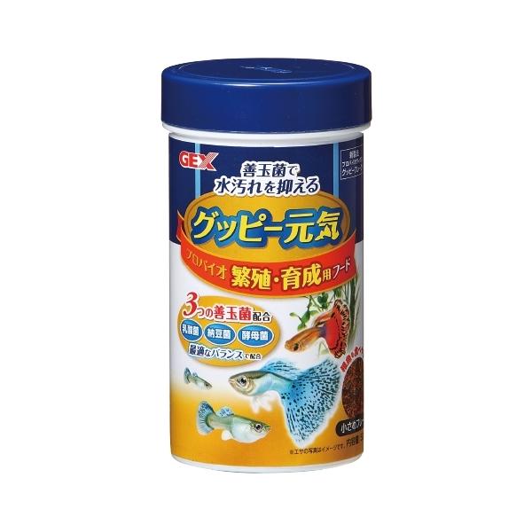 GEX グッピー元気 プロバイオ 繁殖・育成用フード 52g 消化吸収に優れ良質なフィッシュミールを使用。発育に必要な栄養をバランスよく配合しました。 さらにビタミンD3、Eが自然な繁殖と成長をサポートします。 稚魚も食べやすい小さめフレークサイズ。 稚魚と親魚を一緒に飼育している水槽にも最適です。他の小型熱帯魚にも与えることができます。 ---対象--- グッピー、他小型熱帯魚 ---原産国--- 台湾 ---原材料--- 小麦粉、フィッシュミール、シュリンプミール、大豆、ドライイースト、生菌剤、ミネラル類（リン、カルシウム、カリウム、鉄）、ビタミン類（A、B、D3、E）、増粘安定剤（グルテン）、着色料 ---成分--- 粗たんぱく質：33．0％以上、粗脂肪：6．0％以上、粗繊維：2．0％以下、粗灰分：13．0％以下、水分：4．0％以下 ・リニューアルに伴い、商品パッケージ・内容が変更となっており、画像・内容と異なる場合がございます。 ・ご購入いただいたタイミングにより、お品切れの場合がございます。その場合は別途ご連絡させていただきます。