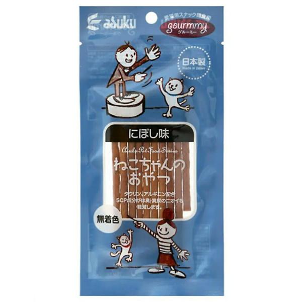 アスク グルーミー ねこちゃんのおやつ にぼし味 20g SCP配合の愛猫用おやつです。タウリンと、アルギニンも配合しています。 日本製・無着色・ジャーキータイプのおやつです。おいしいにぼし味です。 1本の長さ約10cm。 ---原産国--- 日本 ---原材料--- 白身魚、鶏肉、小麦粉、大豆たん白、コラーゲン、SCP（ソフトセラミックパウダー）、食塩、にぼしエキス、アルギニン、ビタミンE、タウリン、ソルビートル、GDL、ポリリン酸Na、乳酸、保存料（ソルビン酸K、デヒドロ酢酸Na）、酸化防止剤（エリソルビン酸Na）、発色剤（亜鉛酸Na） ---成分--- 粗タンパク質：25．0％以上、粗脂肪：14．0％以上、粗繊維：0．7％以下、粗灰分：6．0％以下、水分：28．0％以下 カロリー：約331kcal／100g ・リニューアルに伴い、商品パッケージ・内容が変更となっており、画像・内容と異なる場合がございます。 ・ご購入いただいたタイミングにより、お品切れの場合がございます。その場合は別途ご連絡させていただきます。