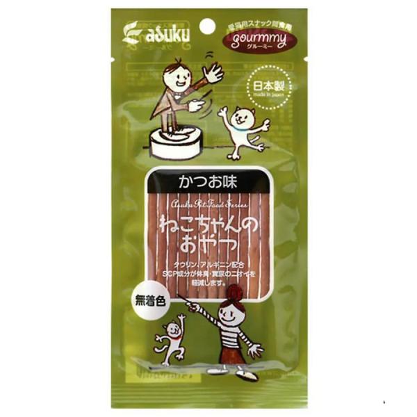 アスク グルーミー ねこちゃんのおやつ かつお味 20g 糞尿のニオイを軽減するSCP配合。 肝臓の働きを助けるタウリンと、老化を抑えるアルギニン配合。 日本製・無着色・ジャーキータイプのおやつです。おいしいかつお味です。 ---原産国--- 日本 ---原材料--- 白身魚、鶏肉、小麦粉、大豆たん白、コラーゲン、SCP（ソフトセラミックパウダー）、食塩、かつおエキス、アルギニン、ビタミンE、タウリン、ソルビートル、GDL、ポリリン酸Na、乳酸、保存料（ソルビン酸K、デヒドロ酢酸Na）、酸化防止剤（エリソルビン酸Na）、発色剤（亜鉛酸Na） ---成分--- 粗タンパク質：25．0％以上、粗脂肪：14．0％以上、粗繊維：0．7％以下、粗灰分：6．0％以下、水分：28．0％以下 カロリー：331kcal／100g ・リニューアルに伴い、商品パッケージ・内容が変更となっており、画像・内容と異なる場合がございます。 ・ご購入いただいたタイミングにより、お品切れの場合がございます。その場合は別途ご連絡させていただきます。