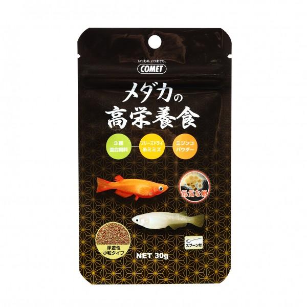 イトスイ コメット メダカの高栄養食 30g ミジンコ・糸ミミズ・赤虫を原料とした『3種混合飼料』と、 天然素材の『細粒加工フリーズドライ糸ミミズ』、『ミジンコパウダー』を混合した 成長期・繁殖期の栄養補給食。 ---成分--- 3種混合飼料：粗蛋白質40％以上,粗脂肪4％以上,粗繊維3％以下,粗灰分12％以下,水分10％以下 細粒加工フリーズドライ糸ミミズ：粗蛋白質50％以上,粗脂肪8％以上,粗繊維2％以下,粗灰分6％以下 ミジンコパウダー：粗蛋白質32％以上,粗脂肪3％以上,粗繊維5％以下,水分5％以下 ・リニューアルに伴い、商品パッケージ・内容が変更となっており、画像・内容と異なる場合がございます。 ・ご購入いただいたタイミングにより、お品切れの場合がございます。その場合は別途ご連絡させていただきます。