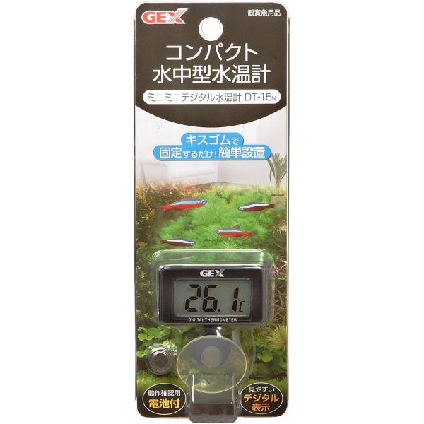 GEX ミニミニデジタル 水温計 DT-15N コンパクト・コードレス設計で水槽内スッキリ! 水中型、キスゴムで固定するだけの簡単設置! ---対象--- 淡水・海水両用 ---仕様--- 測定範囲：10〜40℃ 測定精度：±1℃ 使用電池：ボタン電池(LR44) ---原産国--- 中国 ---原材料--- ABS、PVC ---サイズ--- 本体：約幅4.5×奥行き2.5×高さ2.5cm ・リニューアルに伴い、商品パッケージ・内容が変更となっており、画像・内容と異なる場合がございます。 ・ご購入いただいたタイミングにより、お品切れの場合がございます。その場合は別途ご連絡させていただきます。