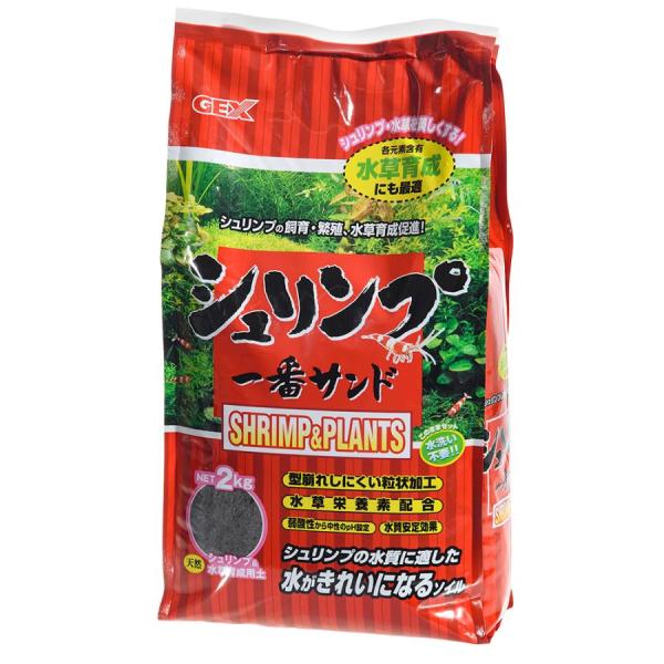 GEX シュリンプ一番サンド 2kg 原料を無菌の状態で加熱処理し、さらに扱いやすく改良した自然造粒です。 透水性、通気性、保水性をかねそなえ、 水換え時の水質急変も防止するばど、シュリンプの水質に適したソイルです。 天然素材ですので、環境にもやさしくシュリンプに安心してご使用できます。 pHは弱酸性から中性で安定します。脱色能力に優れ、流木のアクなどもきれいに取れます。 シュリンプの飼育・繁殖、水草育成促進に最適です。 粒サイズ：約1〜3mm ---対象--- 淡水専用・シュリンプ ・リニューアルに伴い、商品パッケージ・内容が変更となっており、画像・内容と異なる場合がございます。 ・ご購入いただいたタイミングにより、お品切れの場合がございます。その場合は別途ご連絡させていただきます。