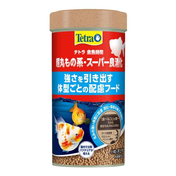 スペクトラムブランズジャパン テトラ 金魚時間 超丸もの系・スーパー良消化 小粒 85g 指向性と消化性にすぐれ、泳ぎの苦手な金魚の 消化不良による泳ぎ方のトラブルを軽減します。 食べやすく消化性の高い粒フードで切れな水を維持します。 顆粒（浮上性） --対象-- 超丸もの体型の金魚 --原産国-- ドイツ --原材料-- 野菜類、フィッシュミール、植物性蛋白質、穀類、酵母、甲殻類、油脂、ミネラル類、ビタミン類、クエン酸 --成分-- 粗蛋白質：33．0％以上、粗脂肪：5．5％以上、粗繊維：2．0％以下、粗灰分：7．0％以下、水分：7．0％以下 ・リニューアルに伴い、商品パッケージ・内容が変更となる場合があり、画像・内容と異なる場合がございます。 ・ご購入のタイミングにより、品切れとなる場合がございます。その際は別途ご連絡させていただきます。