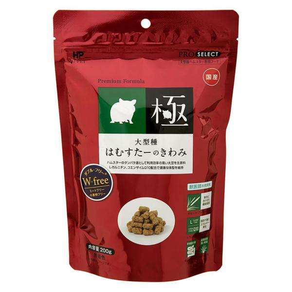 ハイペット 大型種 はむすたーのきわみ 200g 獣医師と共同開発した、大型種ハムスター専用のフードです。 L−カルニチン、コエンザイムQ10、難消化性デキストリン配合で健康維持をサポートします。 ユッカ抽出物配合で尿臭を吸着し臭いを軽減します。 機能性成分を加えたヘルシーで美味しい小粒に仕上げました。 ---原産国--- 日本 ---原材料--- 大豆類（脱脂大豆、きな粉、おから）、コーンミール、ふすま等糟糠類、牧草（アルファルファ、チモシー）、グルコース、にんじん、大豆プロテイン、ミルワーム、炭酸カルシウム、食塩、ビタミンミックス、ミネラルミックス、難消化性デキストリン、ユッカ抽出物、L−カルニチン酒石酸塩、コエンザイムQ10、乳酸菌EC−12（殺菌処理） ---成分--- 粗たんぱく質17．0％以上 粗脂肪2．0％以上 粗繊維8．0％以下 粗灰分 7．0％以下 水分10．0％以下 ・リニューアルに伴い、商品パッケージ・内容が変更となっており、画像・内容と異なる場合がございます。 ・ご購入いただいたタイミングにより、お品切れの場合がございます。その場合は別途ご連絡させていただきます。